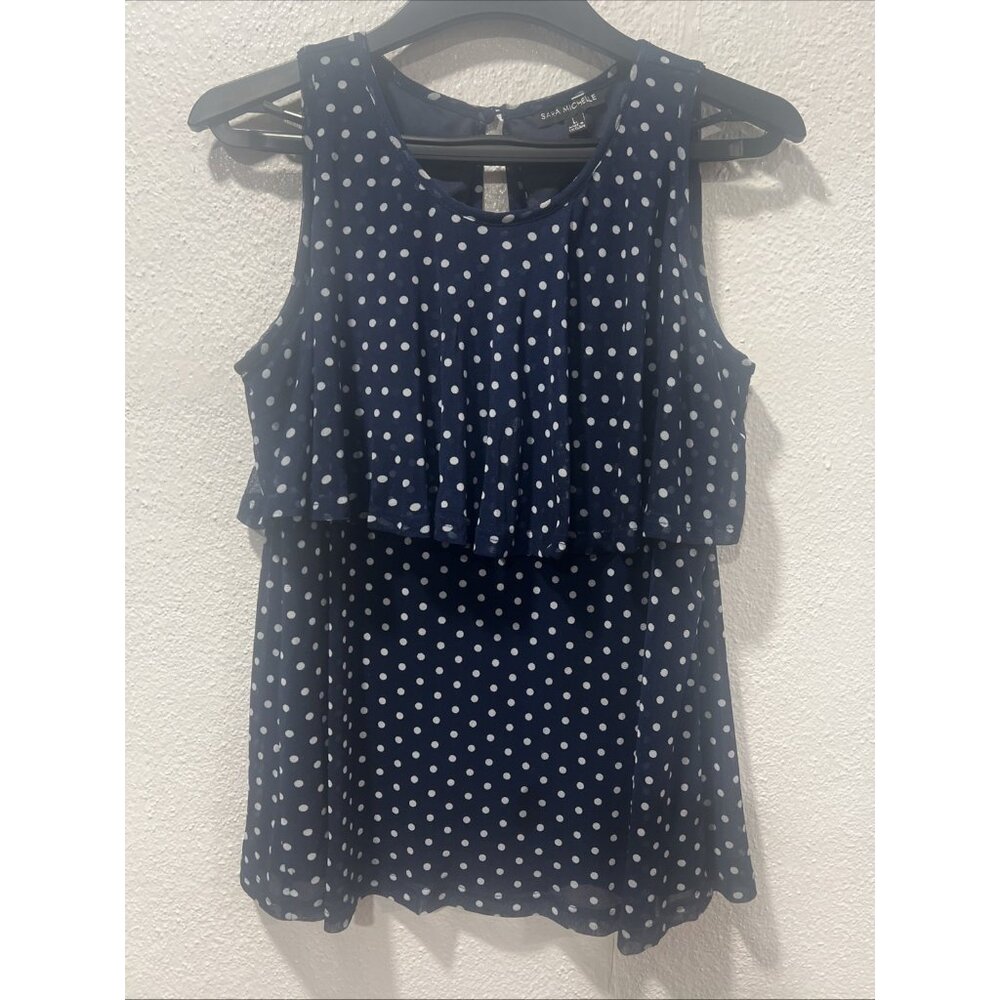 Sara‎ Michelle Tiered Neck Top Woman Shirt Size Large Navy Blue Polka Dot